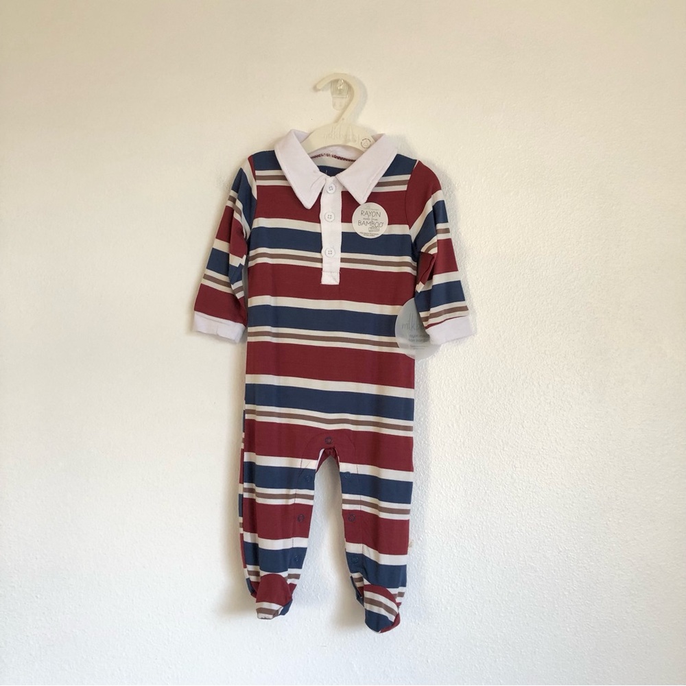 NWT Milkberry Red / Blue Stripe Bamboo Rayon Footed Sleepwear Romper Size 3-6M